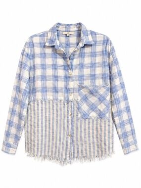 Entro Blue & White Pattern 100 Cotton Button-Up Raw Hem – Size Small EUC